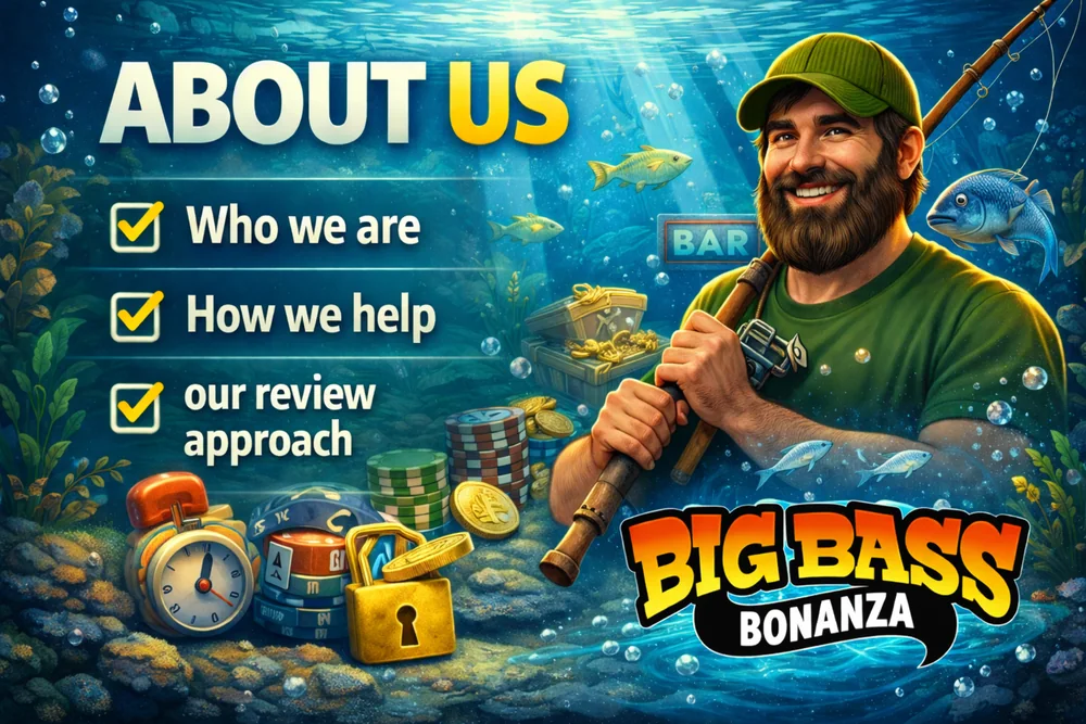 About Big Bass Bonanza with fisherman, underwater casino scene, review checklist and blue aquatic editorial style