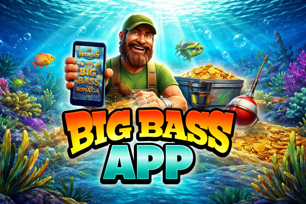 Big Bass Bonanza app guide with smartphone gameplay, fishing-themed slot visuals, coins, and a jumping fish in a sunset lake scene
