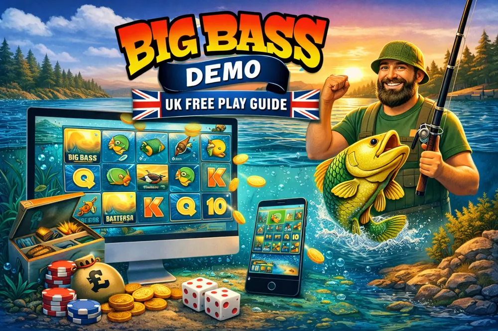 Big Bass Bonanza Demo UK with fisherman, slot reels on desktop and mobile, golden fish and free play themed casino artwork