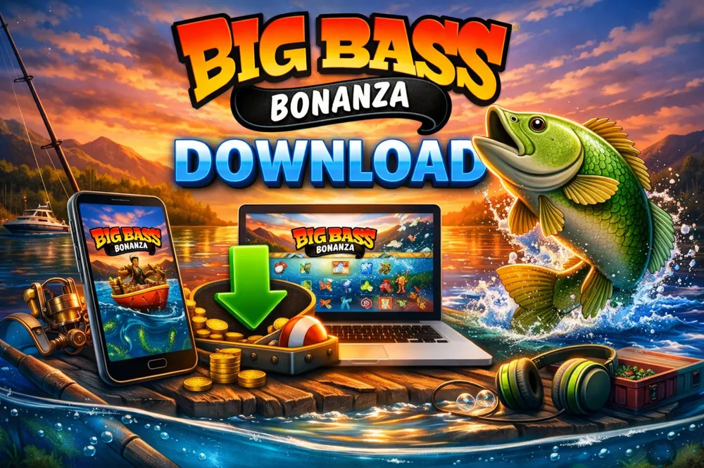 Big Bass Bonanza download guide with a smartphone, laptop, jumping fish, download arrow, and fishing-themed slot visuals in a sunset lake scene