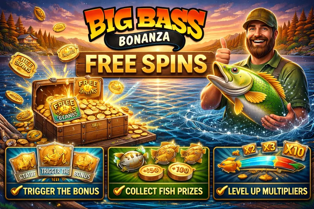 Big Bass Bonanza free spins hero image with bonus chest, gold coins, multiplier icons, and a fisherman holding a fish over a sunset lake