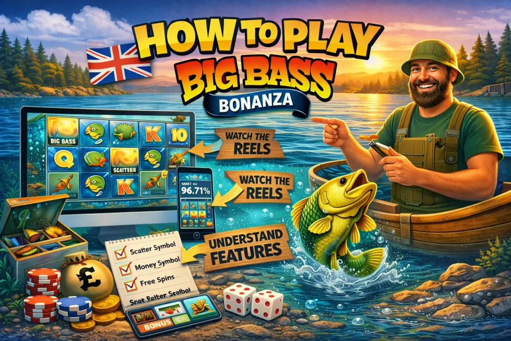 How to Play Big Bass Bonanza UK with fisherman, slot reels on desktop and mobile, golden fish and guided feature-focused casino artwork