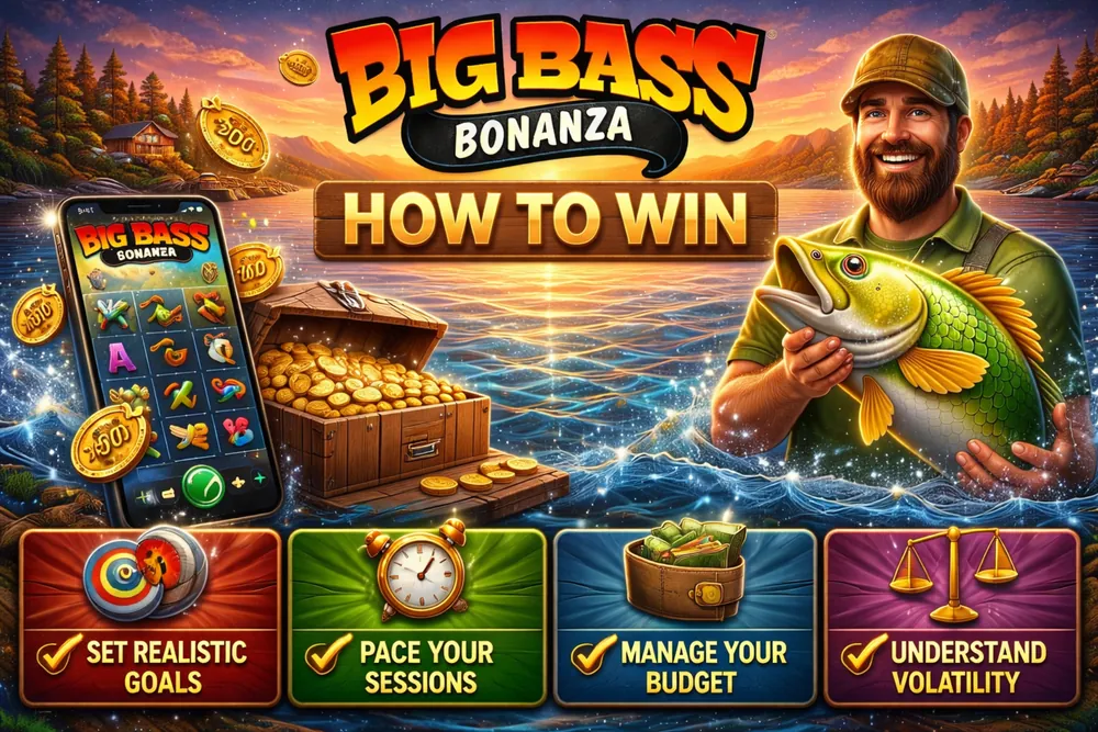 Big Bass Bonanza how to win hero image with smartphone slot gameplay, gold coins, planning icons, and a fisherman holding a fish over a sunset lake