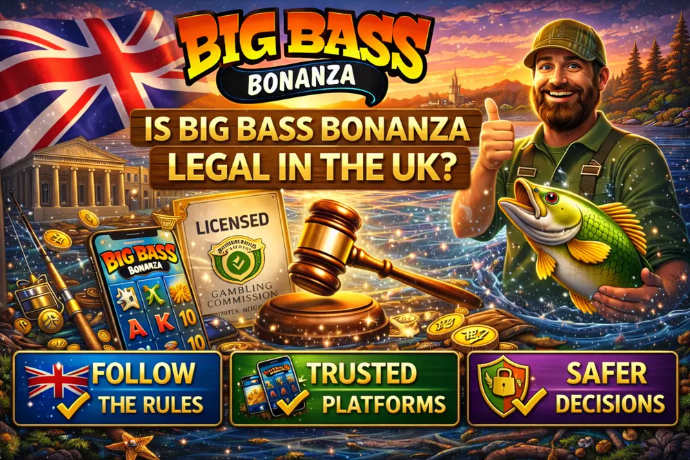 Big Bass Bonanza legal in the UK hero image with smartphone slot gameplay, licensed document, judge gavel, UK flag, and fisherman over a sunset lake