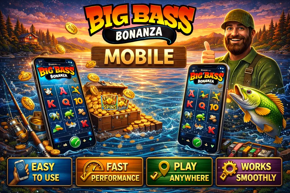 Big Bass Bonanza mobile hero image with two smartphones showing slot gameplay, gold coins, and a fisherman over a sunset lake