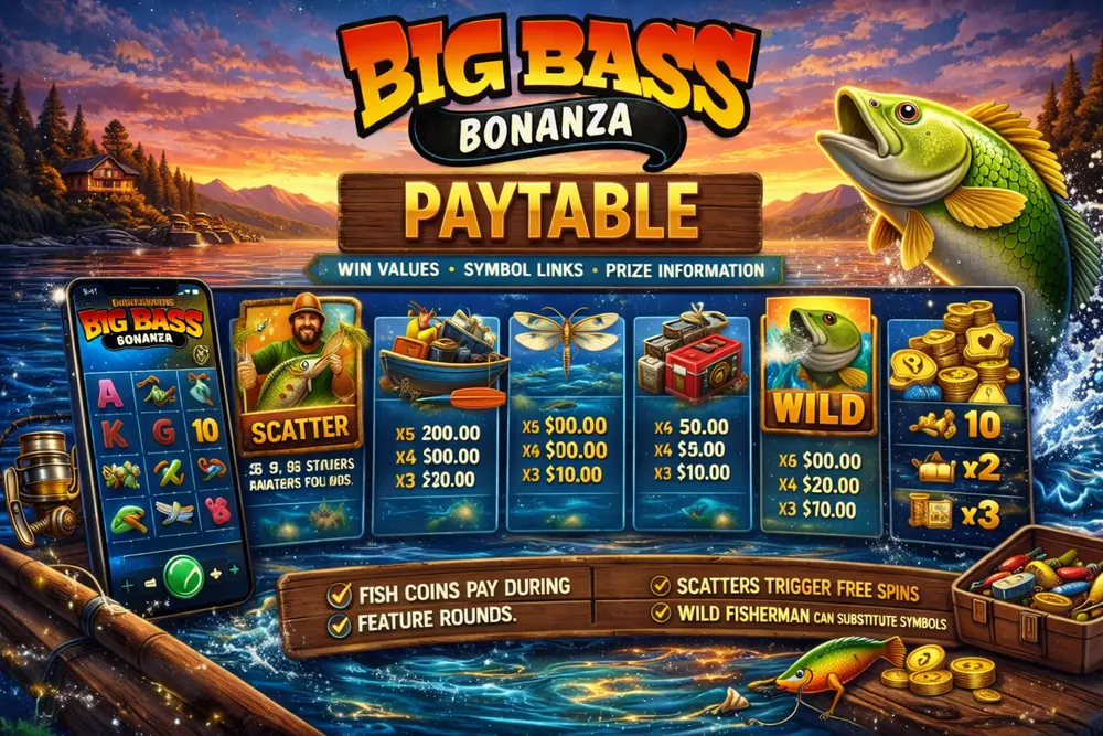 Big Bass Bonanza paytable hero image with fishing-themed slot symbols, payout panels, coins, and a jumping fish over a sunset lake