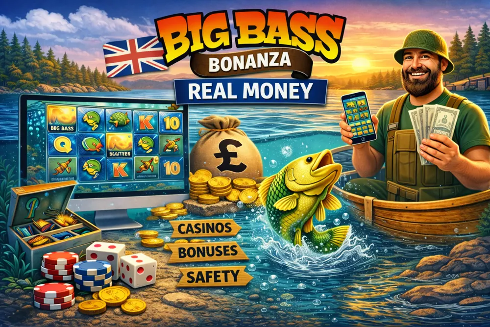 Big Bass Bonanza Real Money UK with fisherman, slot game on screen and mobile, pound-themed casino visuals and golden fish artwork