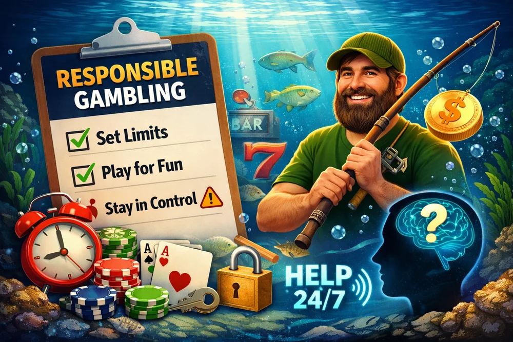 Responsible gambling guide with fisherman theme, checklist, clock, support symbols and underwater casino style for Big Bass Bonanza players