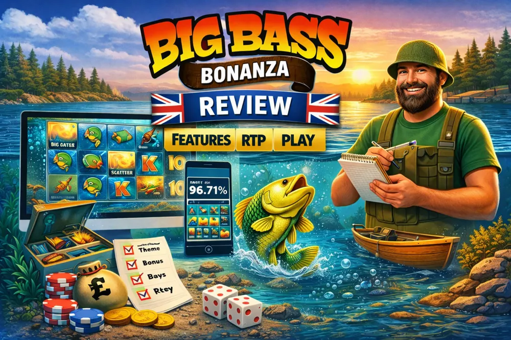 Big Bass Bonanza Review UK with fisherman, slot reels, RTP display, golden fish and casino-style artwork focused on features and gameplay