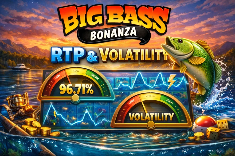 Big Bass Bonanza RTP and volatility hero image with fishing-themed slot visuals, performance gauges, coins, and a jumping fish over a sunset lake