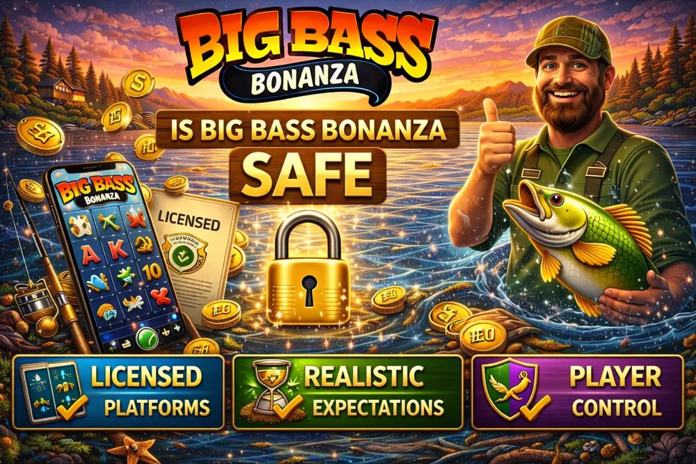 Big Bass Bonanza safe play hero image with smartphone slot gameplay, licensed platform document, lock icon, and fisherman over a sunset lake