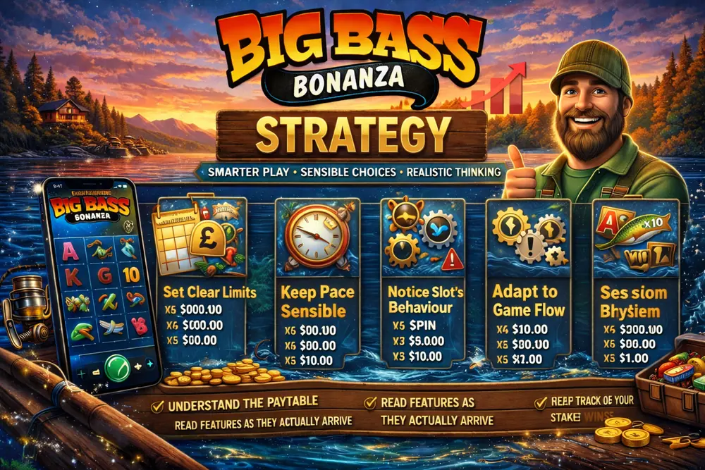 Big Bass Bonanza strategy hero image with smartphone slot gameplay, planning icons, coins, and a fisherman over a sunset lake scene