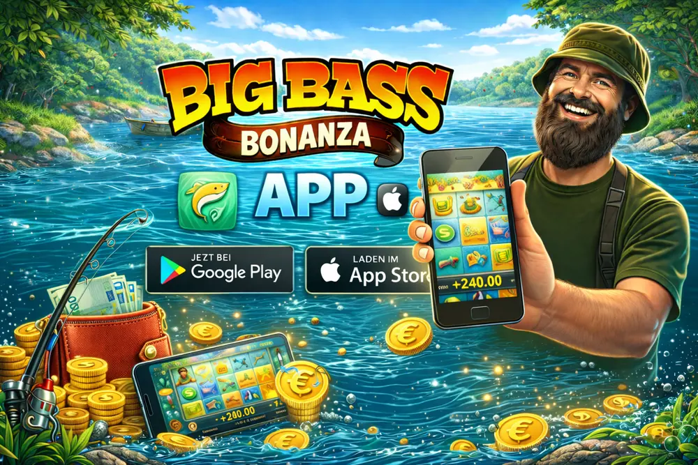 Big Bass Bonanza App mit Angler, Smartphone, See, Münzen und mobiler Spielansicht im farbigen Slot-Stil