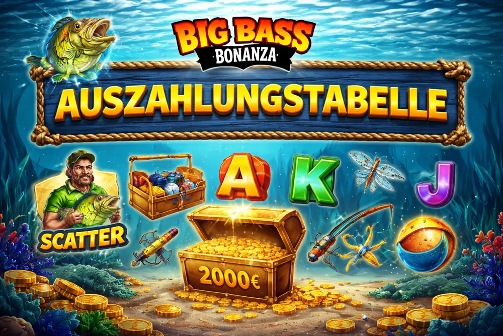 Big Bass Bonanza Auszahlungstabelle mit Symbolen, Gewinnwerten, Bonus-Icons und Unterwasser-Thema für Spieler in Deutschland
