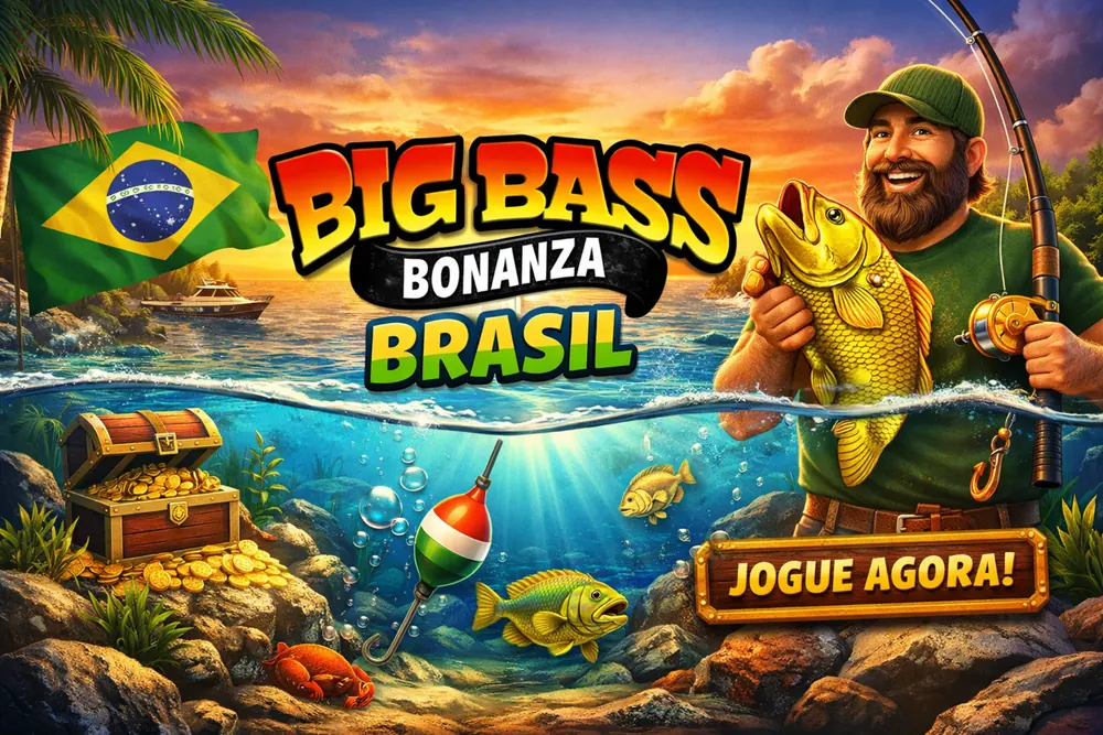 Big Bass Bonanza Brasil com pescador, peixe dourado, bandeira do Brasil e cenário tropical em destaque para jogar online