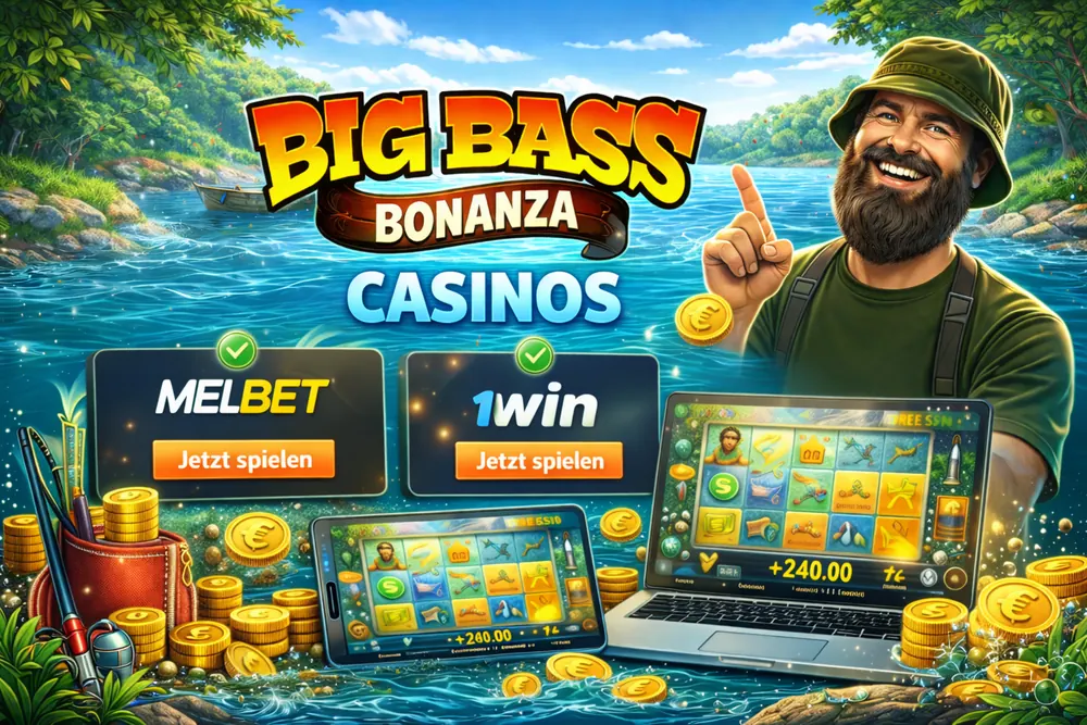 Big Bass Bonanza Casinos mit Angler, See, Münzen, Spielgeräten und hervorgehobenen Casino-Empfehlungen im farbigen Slot-Stil