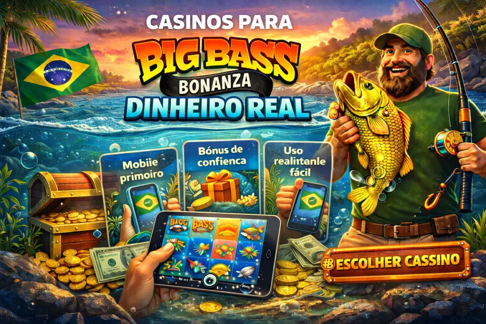 Casinos para Big Bass Bonanza com pescador, peixe dourado, tablet com o slot e foco em mobile e bônus no Brasil