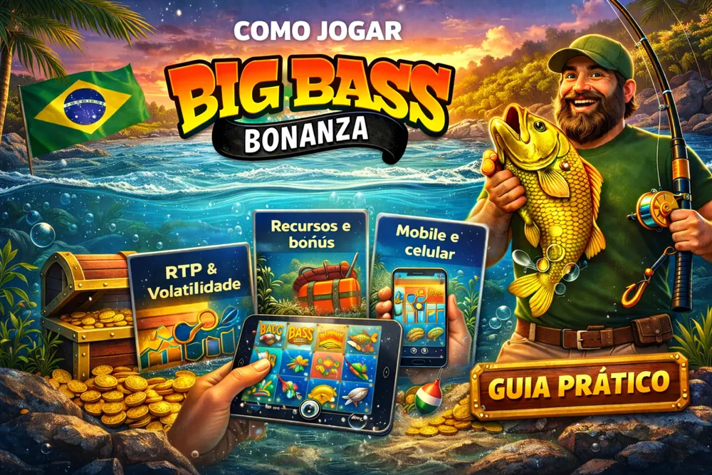 Como jogar Big Bass Bonanza com pescador, peixe dourado, tablet com o slot e destaques de RTP, bônus e mobile em cenário tropical