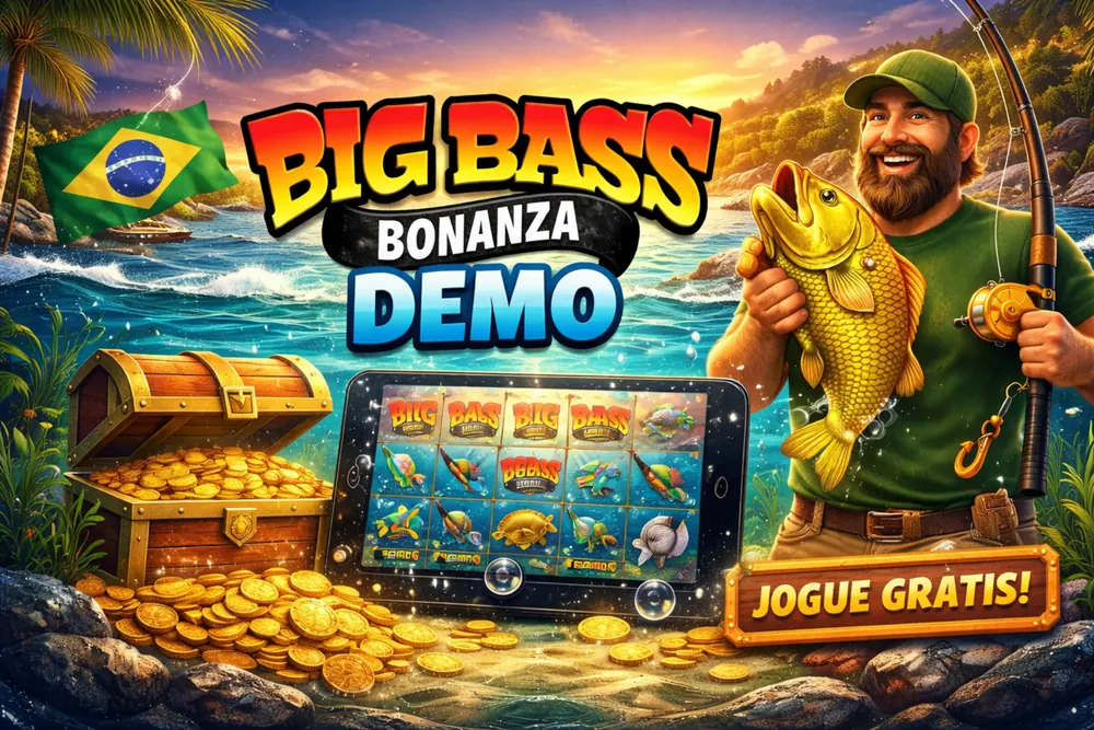 Big Bass Bonanza Demo com pescador, peixe dourado, tablet com o slot e bandeira do Brasil em cenário tropical