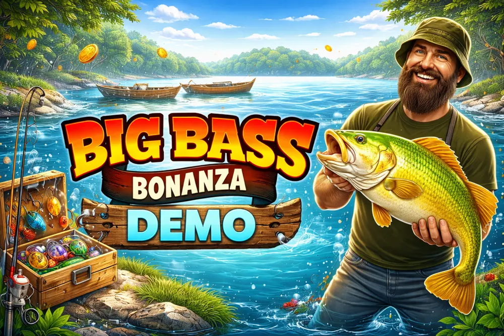 Big Bass Bonanza Demo mit Angler, großem Fisch, See, Angelzubehör und auffälligem Demo-Banner im farbigen Slot-Stil