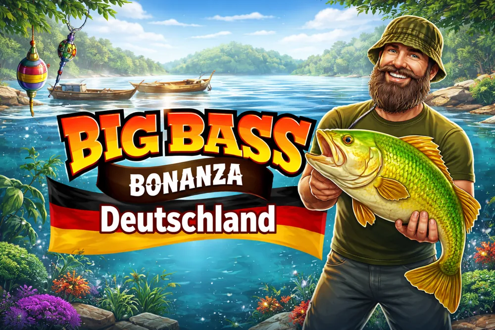 Big Bass Bonanza Deutschland mit Angler, großem Fisch, See, Booten und farbigem Hero-Banner im maritimen Slot-Stil