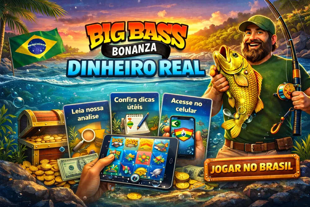 Big Bass Bonanza dinheiro real com pescador, peixe dourado, tablet com o slot e celular em cenário tropical no Brasil