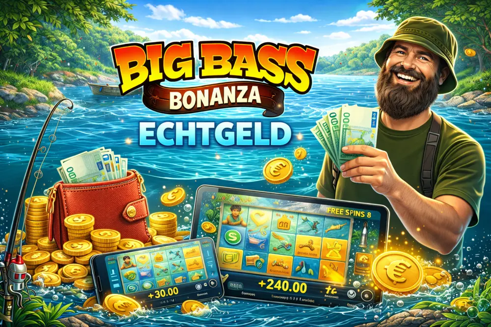 Big Bass Bonanza Echtgeld mit Angler, Geldscheinen, Münzen, Geräten mit Spielansicht und See im farbigen Slot-Stil