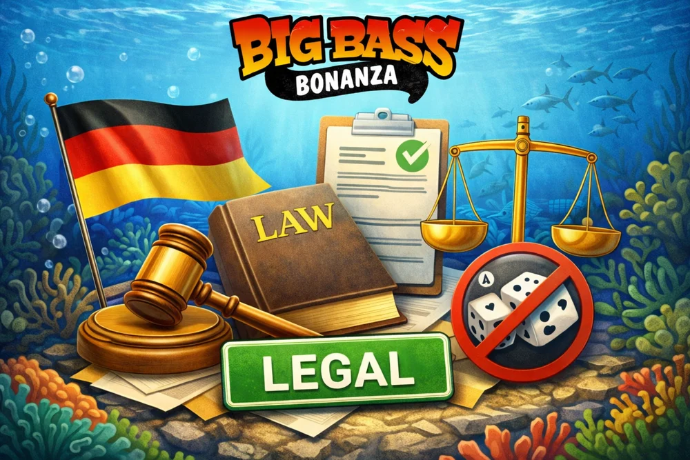 Big Bass Bonanza mit Deutschland-Bezug, Rechtssymbolen, Unterwasser-Thema und Fokus auf die rechtliche Einordnung für Spieler in Deutschland