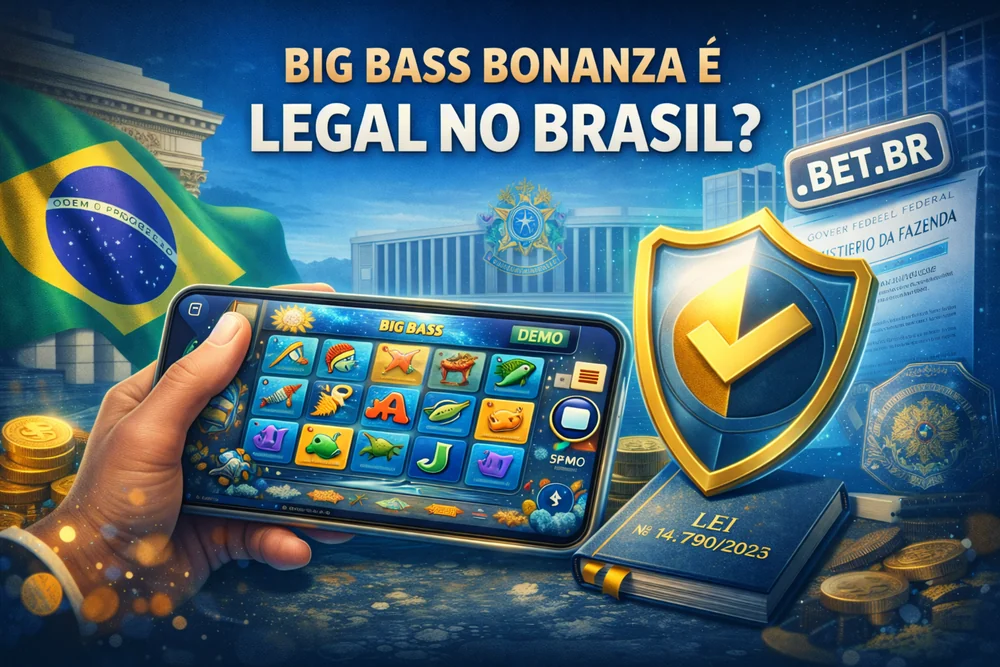 Big Bass Bonanza em smartphone com elementos visuais de legalidade, selo de segurança e atmosfera confiável para jogar no Brasil