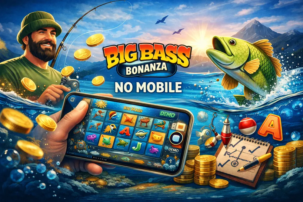 Big Bass Bonanza em smartphone com interface mobile do slot, pescador, peixes e moedas douradas em visual premium para jogar no Brasil
