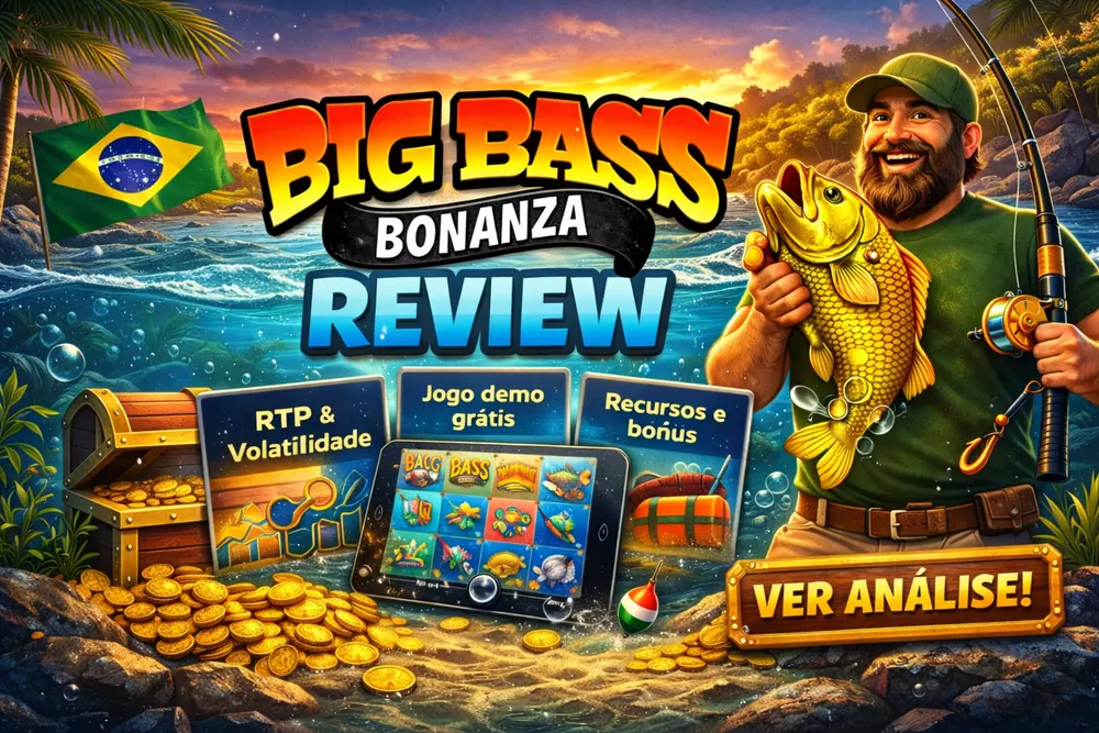 Big Bass Bonanza Review com pescador, peixe dourado, tablet com o slot e destaques de RTP, demo e bônus em cenário tropical