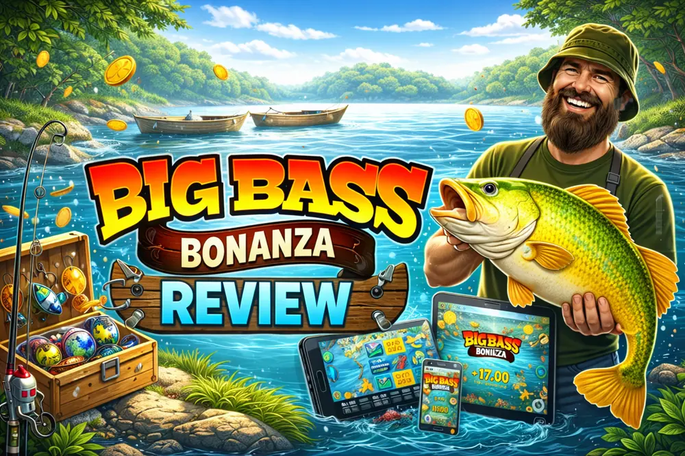 Big Bass Bonanza Review mit Angler, großem Fisch, See, Angelzubehör und Geräten mit Spielansicht im farbigen Slot-Stil