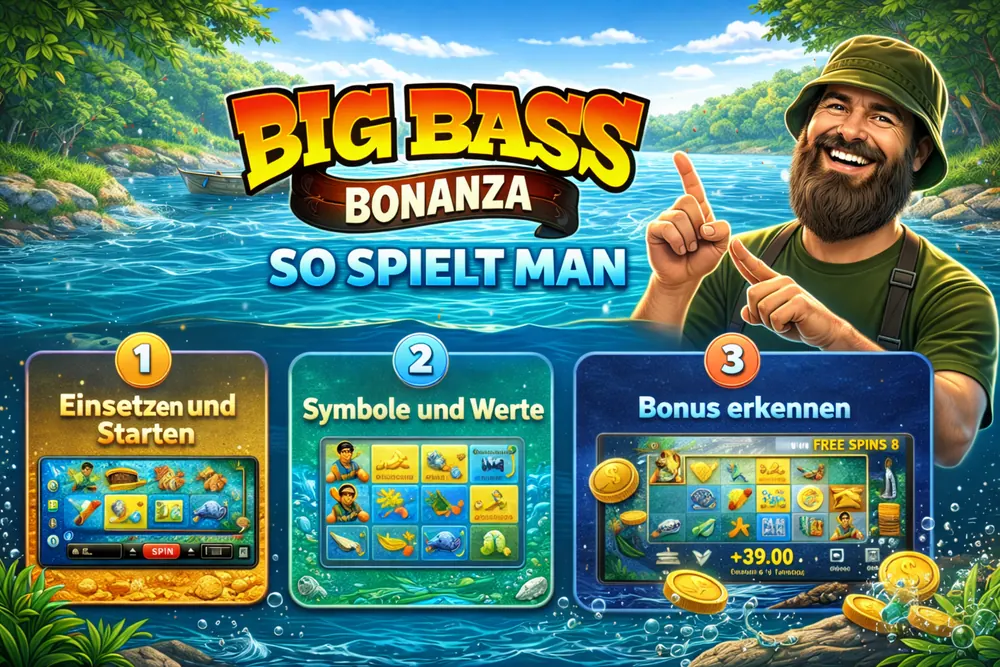 Big Bass Bonanza so spielt man mit Angler, See, Spielschritten, Symbolen und Bonusansicht im farbigen Slot-Stil