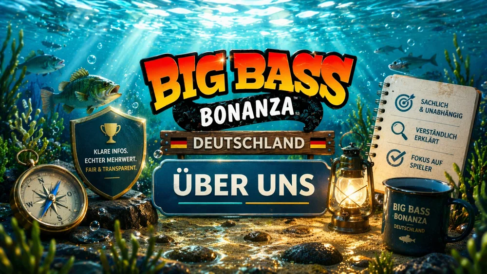 Big Bass Bonanza Deutschland Über uns mit Unterwasser-Thema, Symbolen für Recherche, Transparenz und Kontrolle sowie redaktionellem Fokus