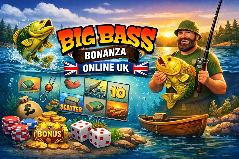 Big Bass Bonanza Online UK with fisherman, slot symbols, golden fish, bonus elements and casino-style artwork for players in the United Kingdom