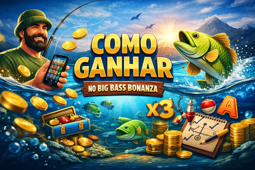 Big Bass Bonanza em smartphone com pescador, peixes, moedas douradas e elementos visuais de estratégia para jogar no Brasil